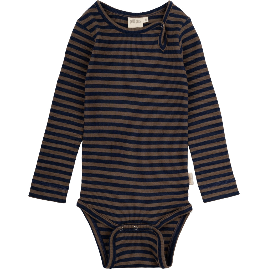 PETIT PIAO  Body L/S Modal Striped Chocolate brown/indigo plum stripe